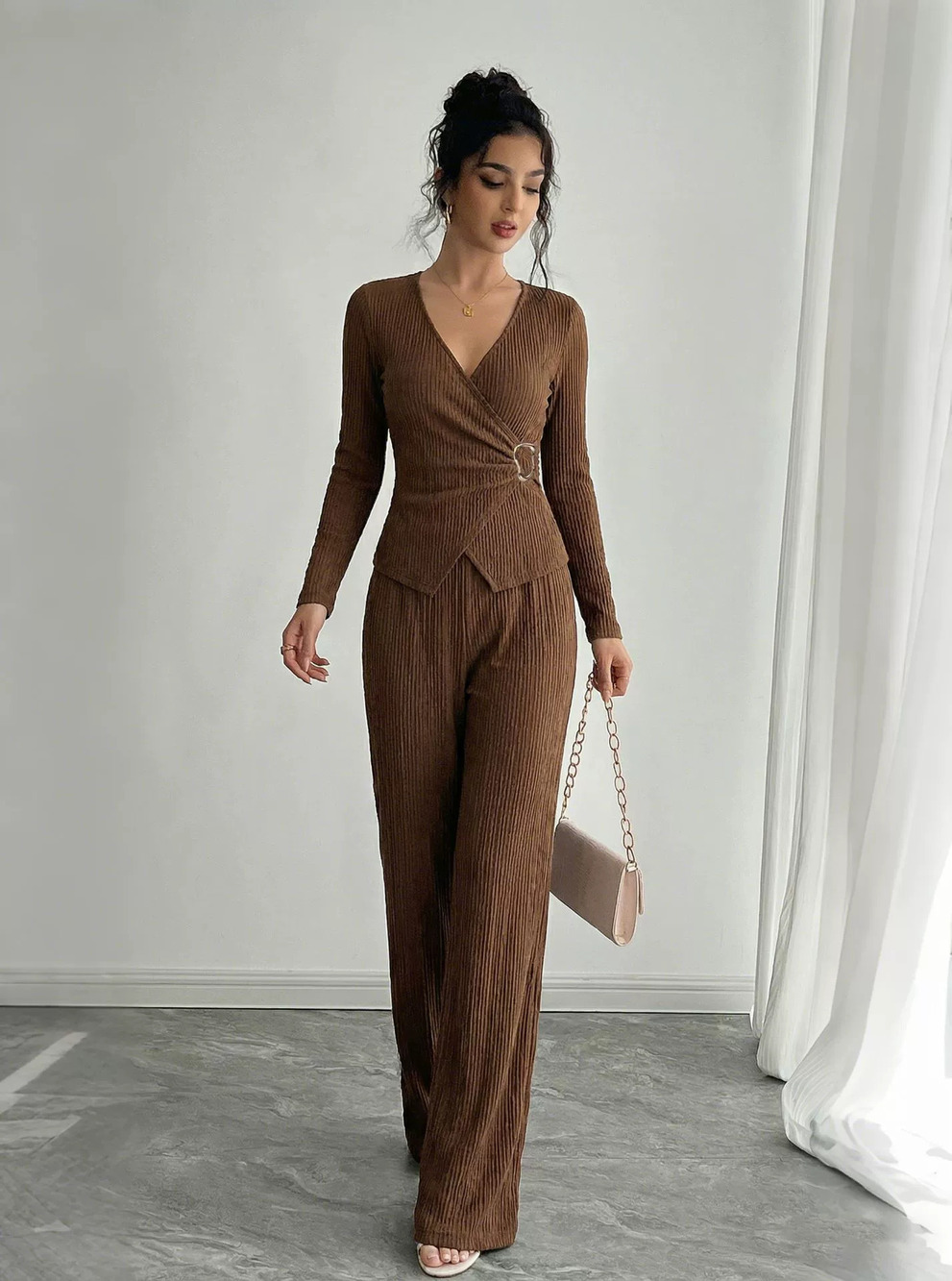 Zara Spring Solid Color Cross Neck Long Sleeve Metal Trim T-Shirt Pants Set